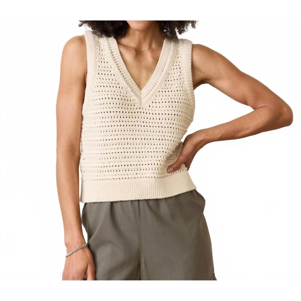 Marine Layer Cream Open-Knit V-Neck Off-the-Shoulder Sweater Vest